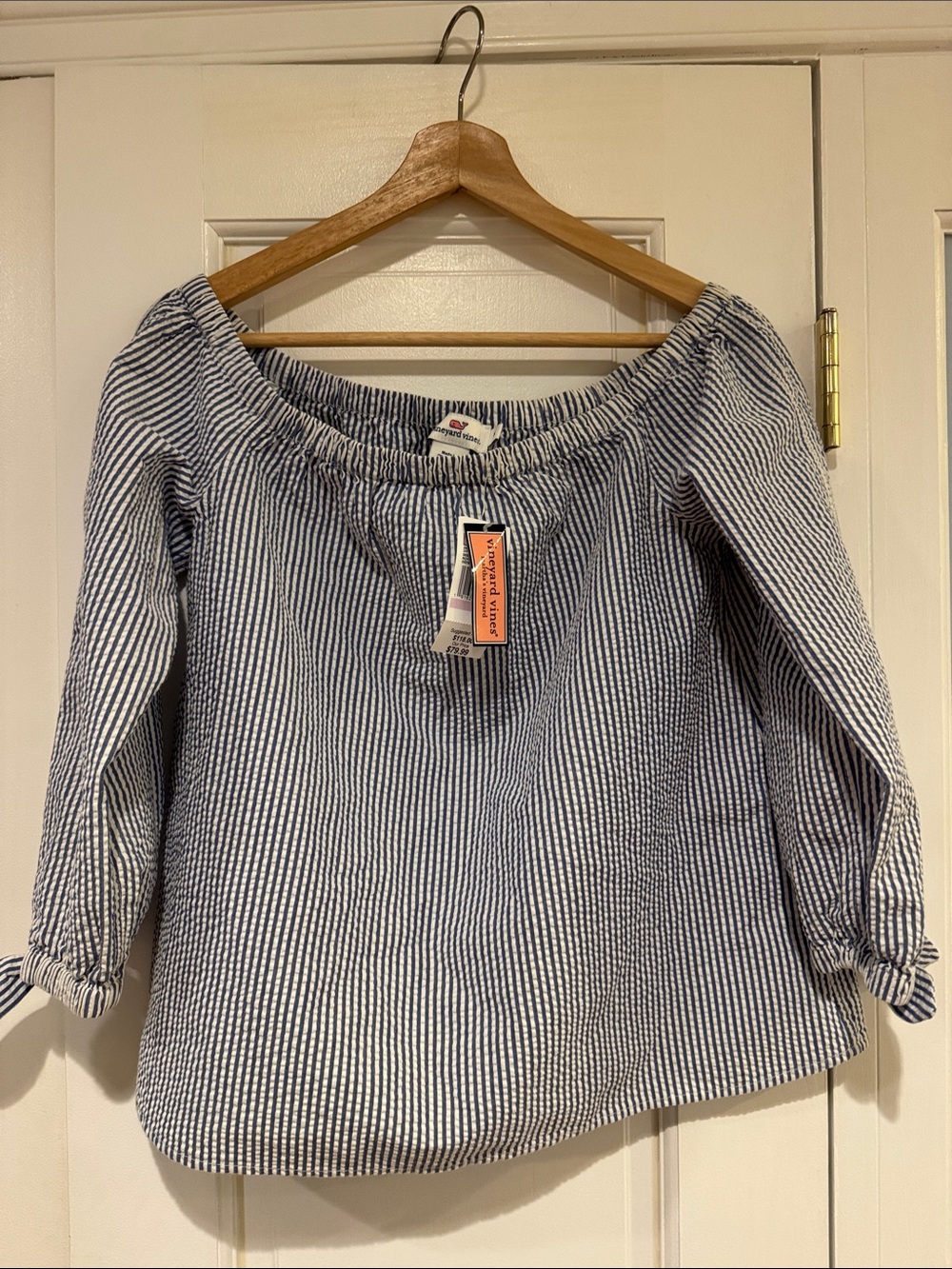 Vineyard Vines Blue & White Striped Off-Shoulder Top Seersucker size 6 women NWT